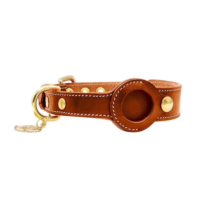 AirTag Schutzhülle - Echtleder Halsband mit AirTag-Etui – für Hund & Katze - Braun / S