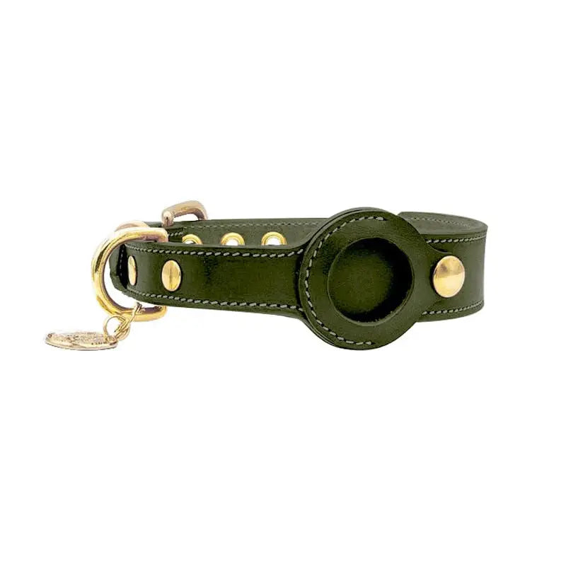 AirTag Schutzhülle - Echtleder Halsband mit AirTag-Etui – für Hund & Katze - Dunkelgrün / S