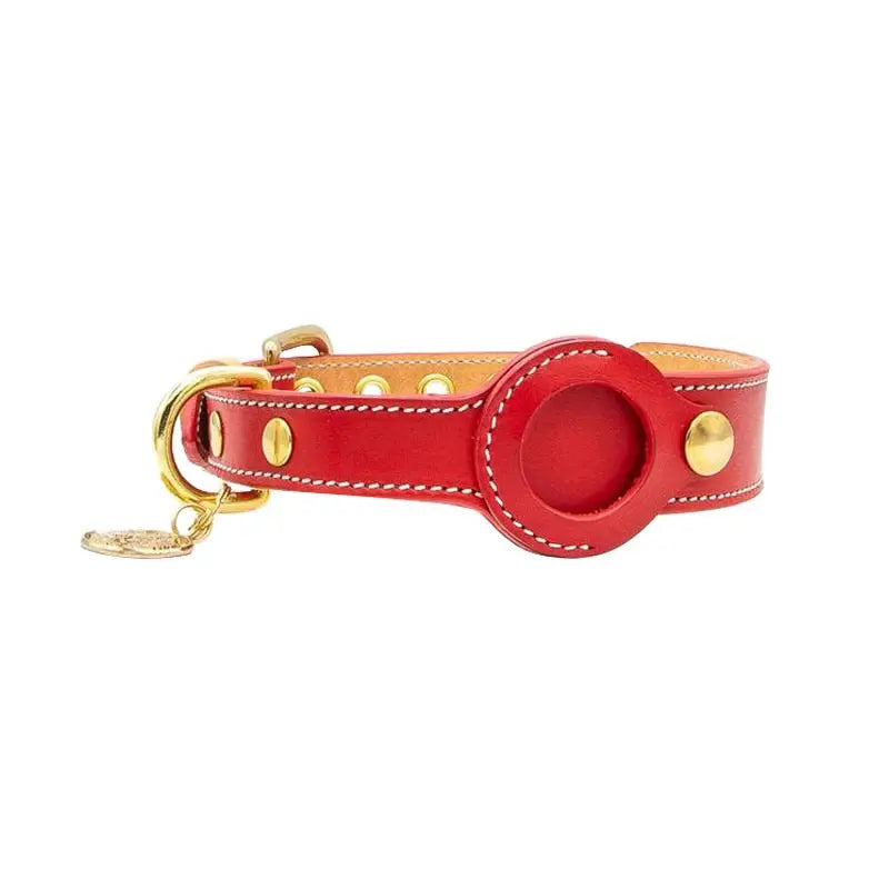 AirTag Schutzhülle - Echtleder Halsband mit AirTag-Etui – für Hund & Katze - Rot / S