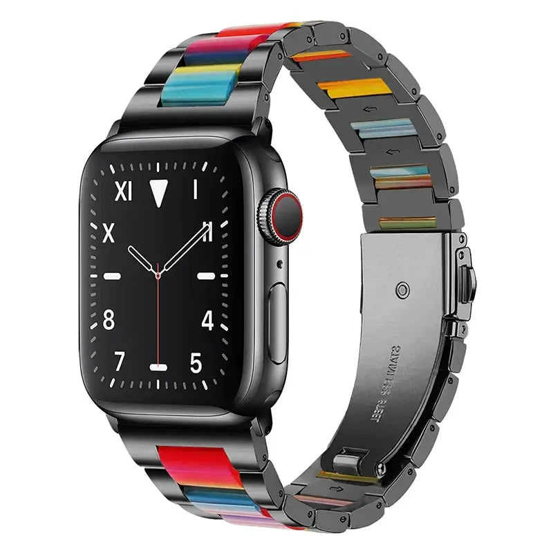 Apple Watch Armband - Gliederarmband aus Edelstahl & Harz - Black & Rainbow / 38-40-41 mm