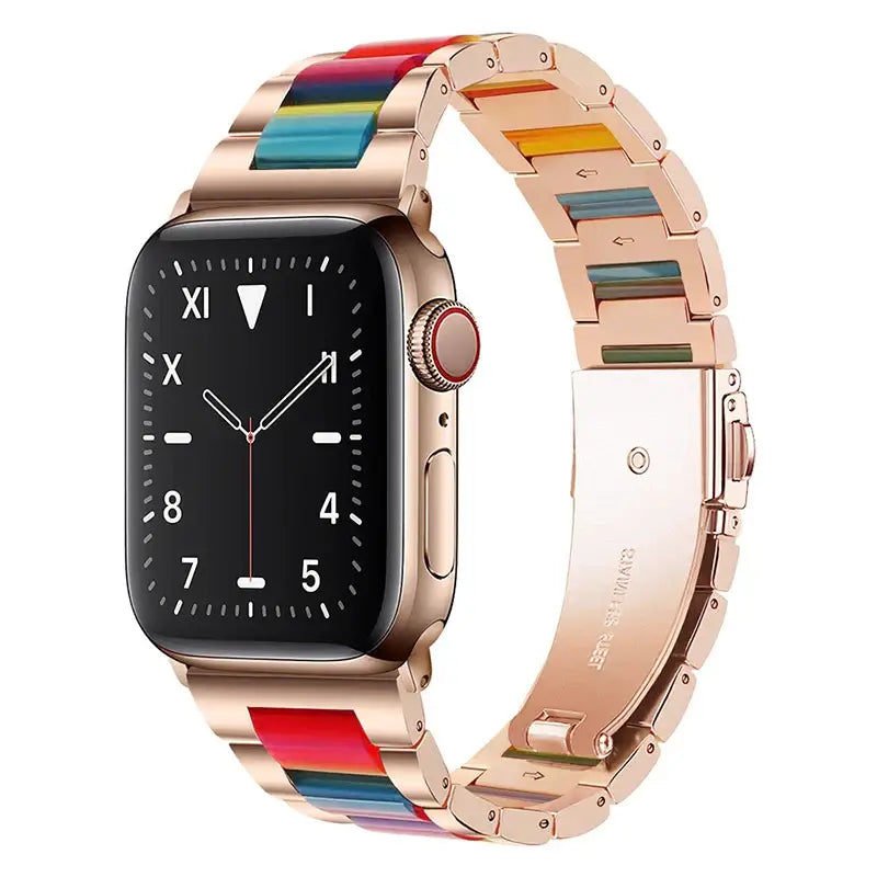 Apple Watch Armband - Gliederarmband aus Edelstahl & Harz - Rose Gold & Rainbow / 38-40-41 mm