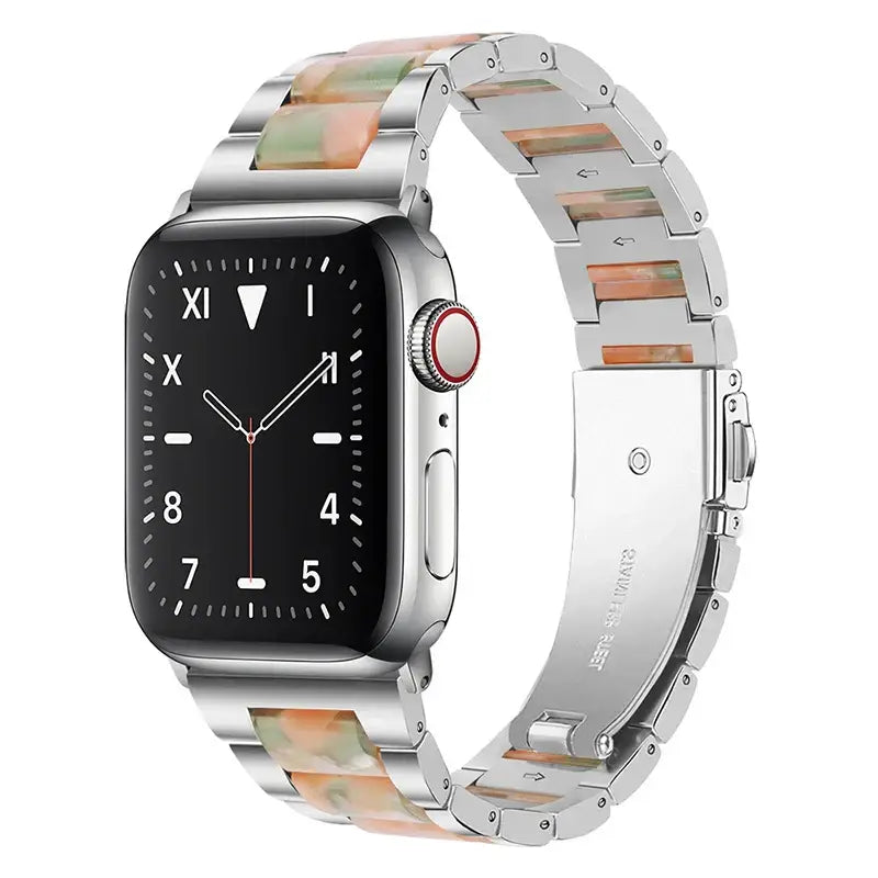 Apple Watch Armband - Gliederarmband aus Edelstahl & Harz - Silver & Pink-Green / 38-40-41 mm