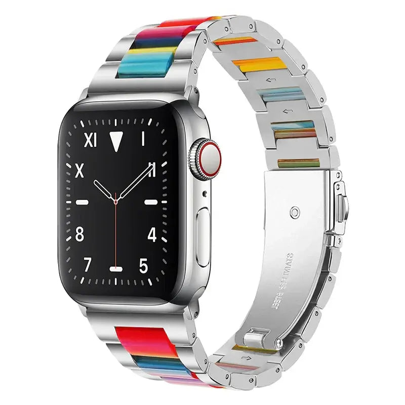 Apple Watch Armband - Gliederarmband aus Edelstahl & Harz - Silver & Rainbow / 38-40-41 mm