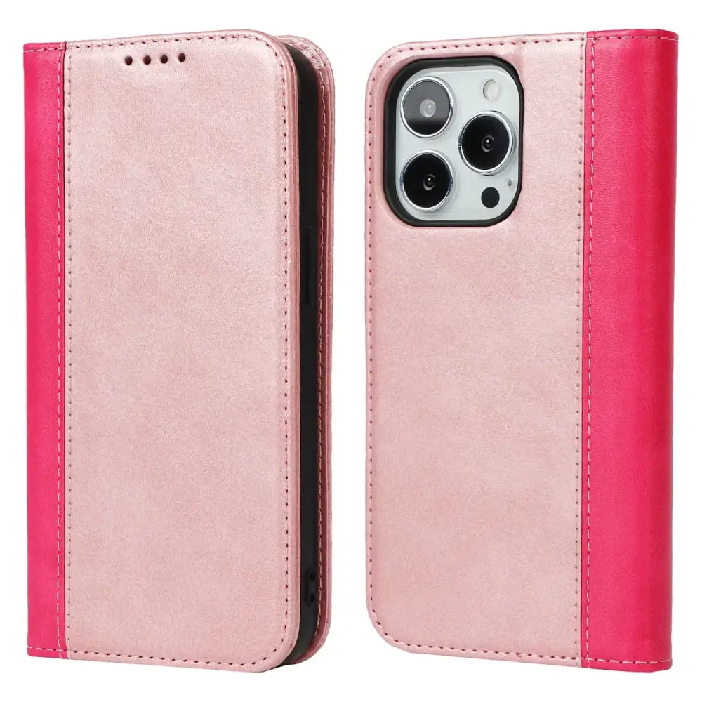 iPhone Schutzhülle - iPhone Retro Flip Cover – Echtleder-Schutzhülle - Pink / iPhone 15 Pro Max