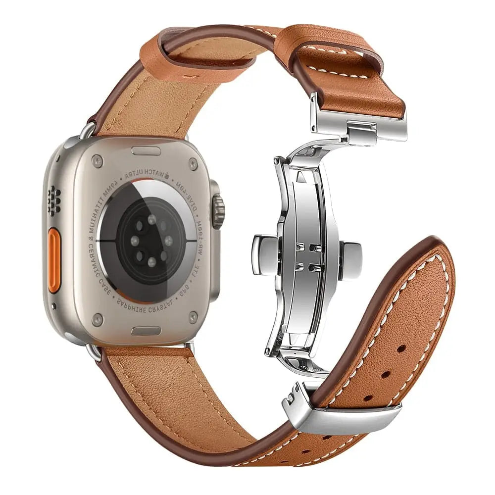 Apple Watch Armband - Kunstleder Armband mit Schnellverschluss - Braun & Silber / 38-40-41 mm