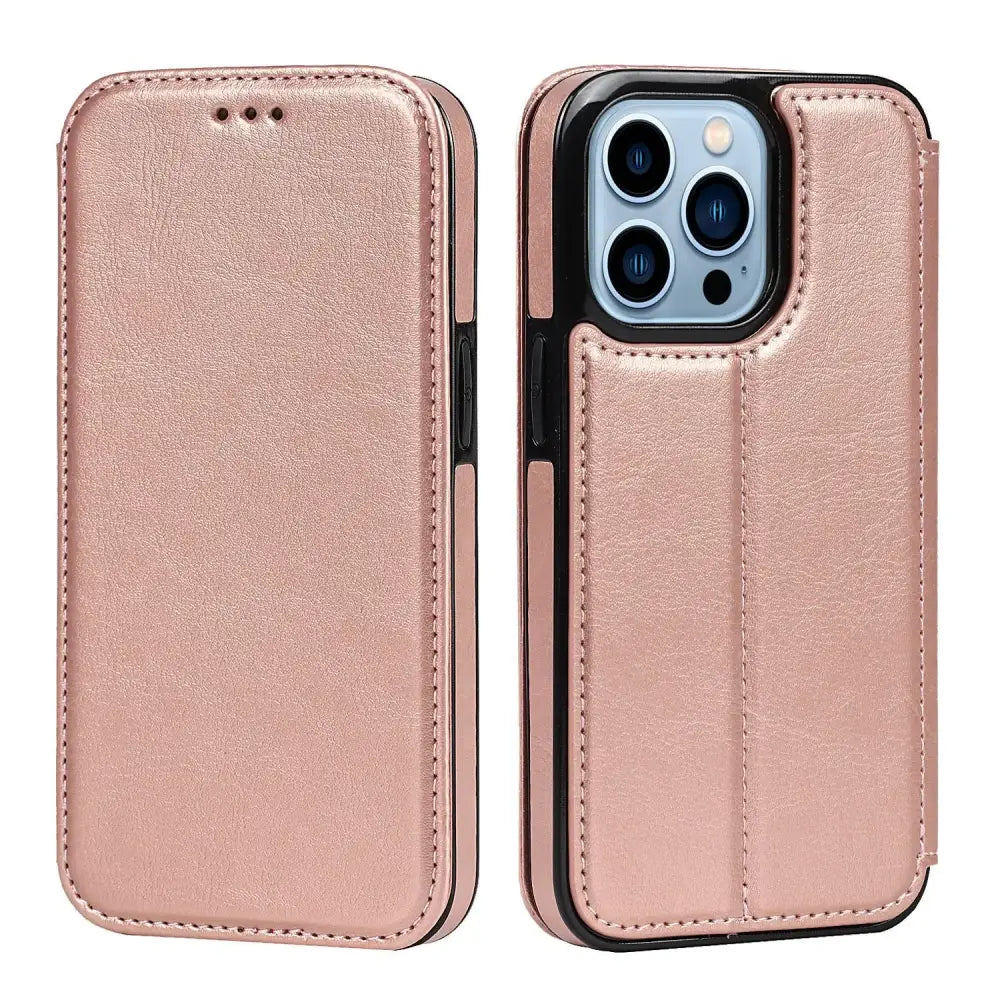 iPhone Schutzhülle - Premium iPhone Schutzhülle – Echtleder Flip Cover - Rosa / iPhone 15 Pro Max