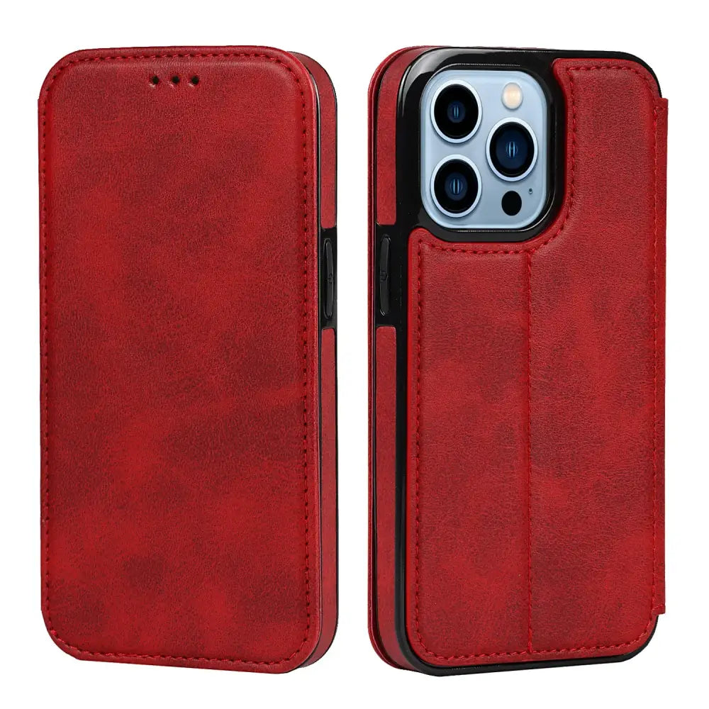 iPhone Schutzhülle - Premium iPhone Schutzhülle – Echtleder Flip Cover - Rot / iPhone 15 Pro Max