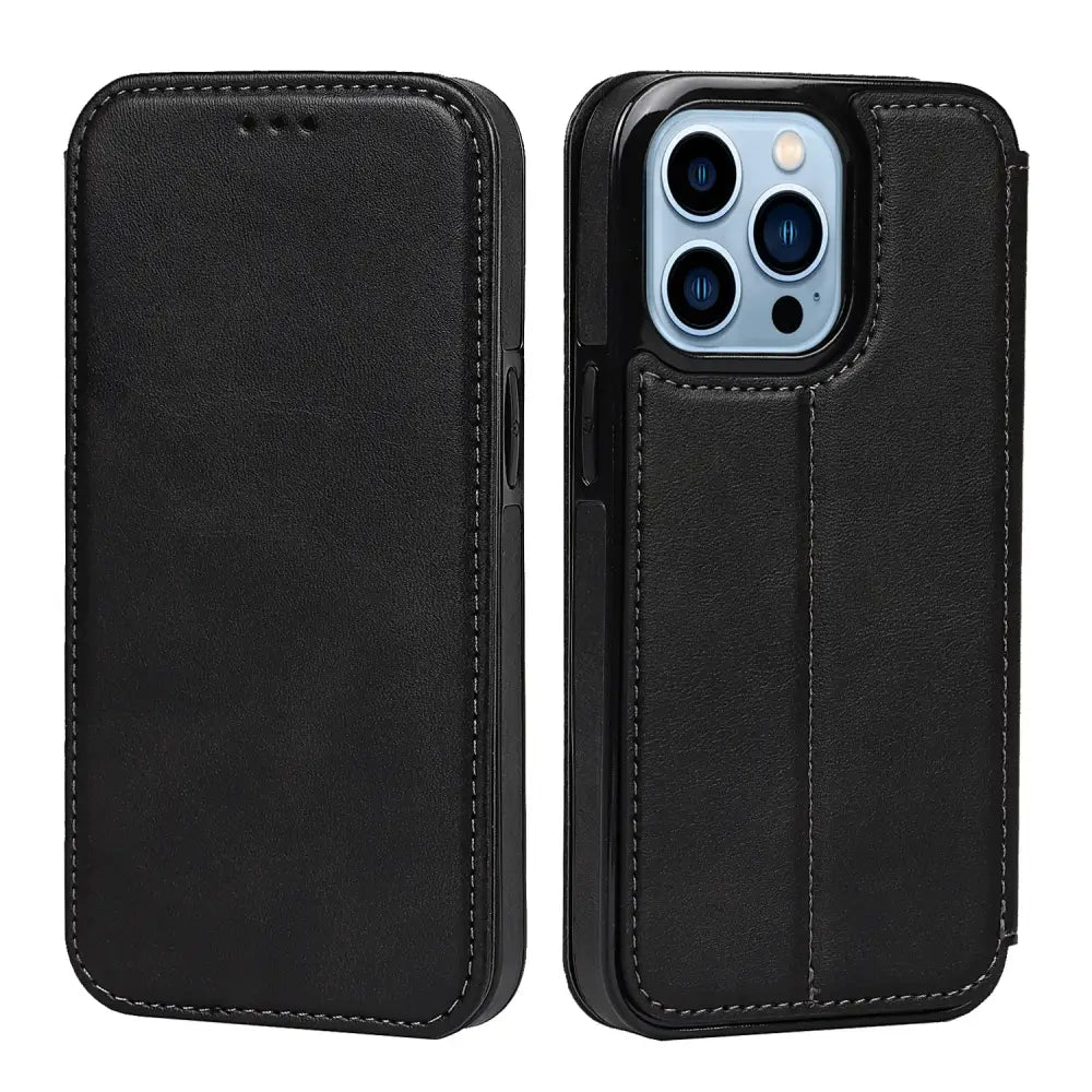 iPhone Schutzhülle - Premium iPhone Schutzhülle – Echtleder Flip Cover - Schwarz / iPhone 15 Pro Max