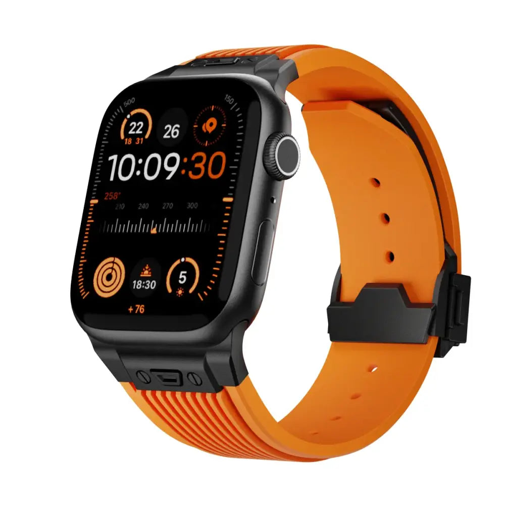 Apple Watch Armband - Premium Silikon + Edelstahl Armband - Orange + Black / 42 mm