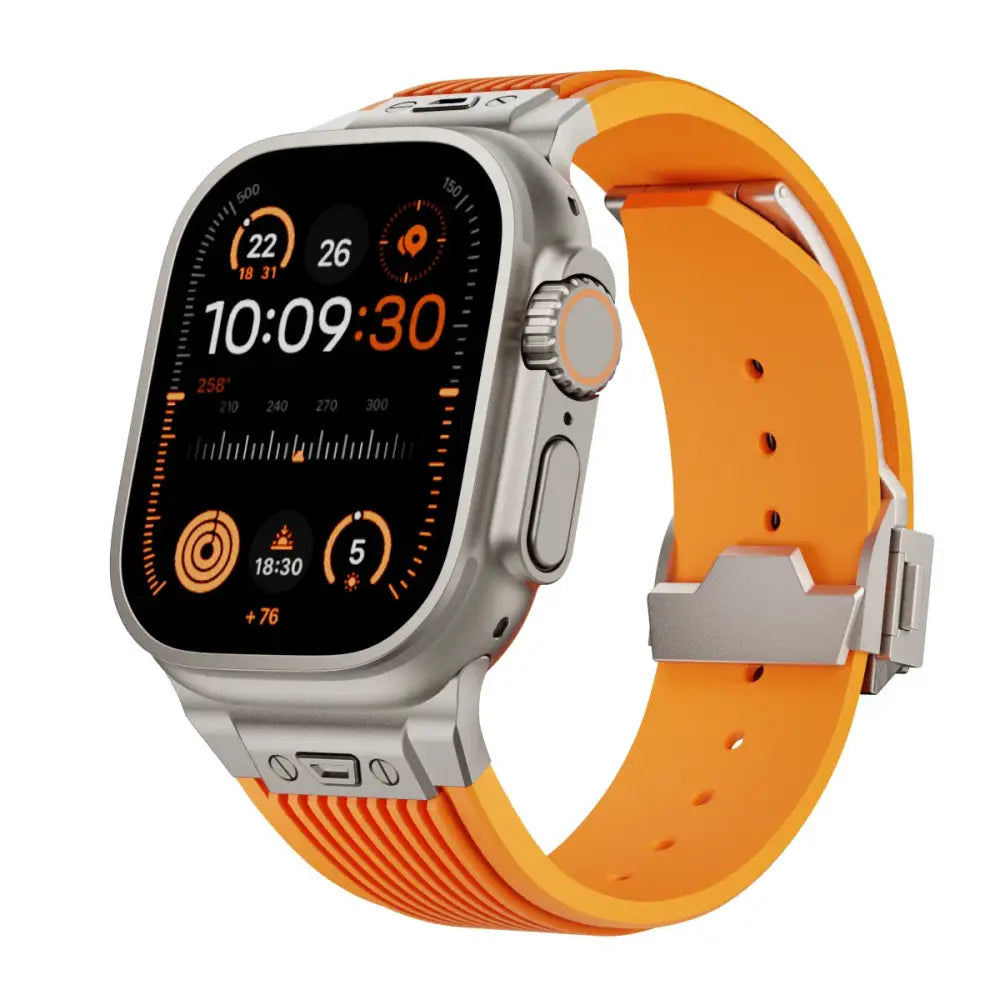 Apple Watch Armband - Premium Silikon + Edelstahl Armband - Orange + Titan / 42 mm