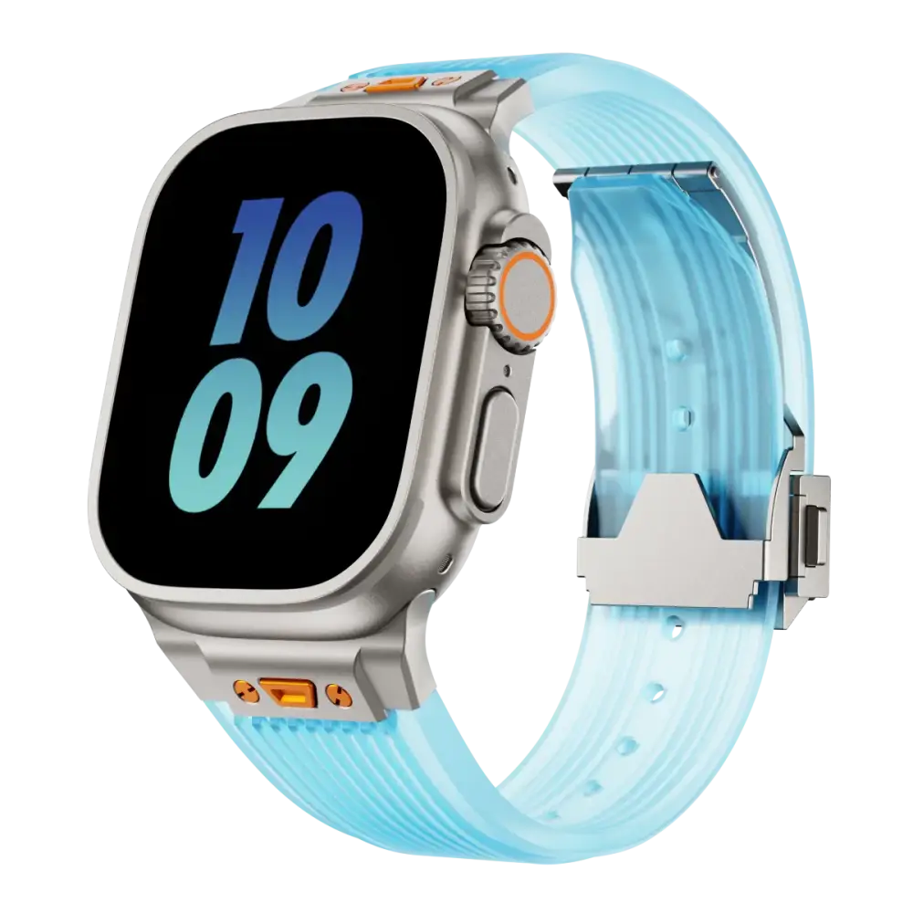 Apple Watch Armband - Premium Silikon + Edelstahl Armband - Transparent Blue + Titan / 42 mm