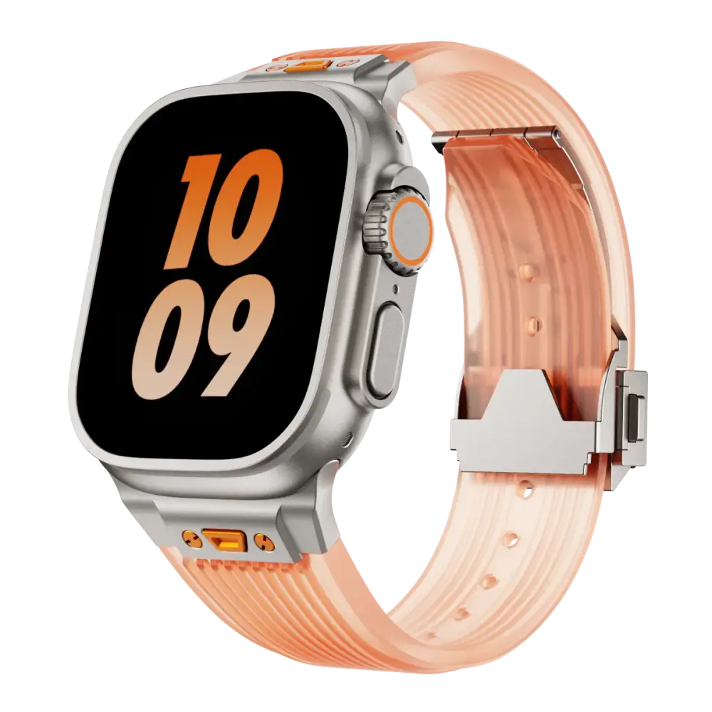 Apple Watch Armband - Premium Silikon + Edelstahl Armband - Transparent Orange + Titan / 42 mm