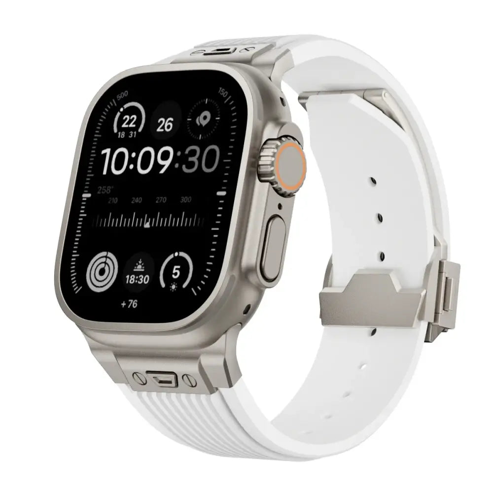 Apple Watch Armband - Premium Silikon + Edelstahl Armband - White + Titan / 42 mm