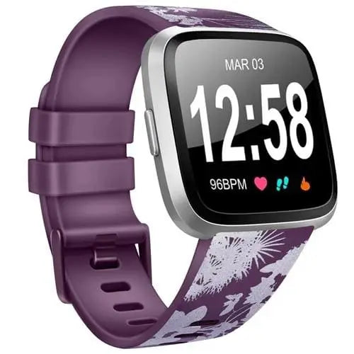 Fitbit Armband - Silikon Armband für Fitbit Versa 1 / Versa 2 / Versa Lite - Aubergine + Blumen / S