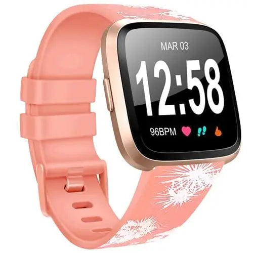 Fitbit Armband - Silikon Armband für Fitbit Versa 1 / Versa 2 / Versa Lite - Pink + Blumen / S