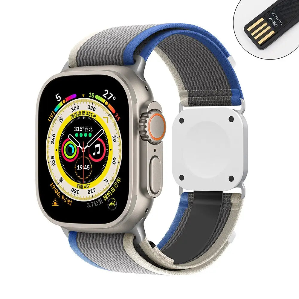 Apple Watch Armband - Trail Armband mit integriertem Ladegerät - Hellgrau & Blau / 38-40-41 mm